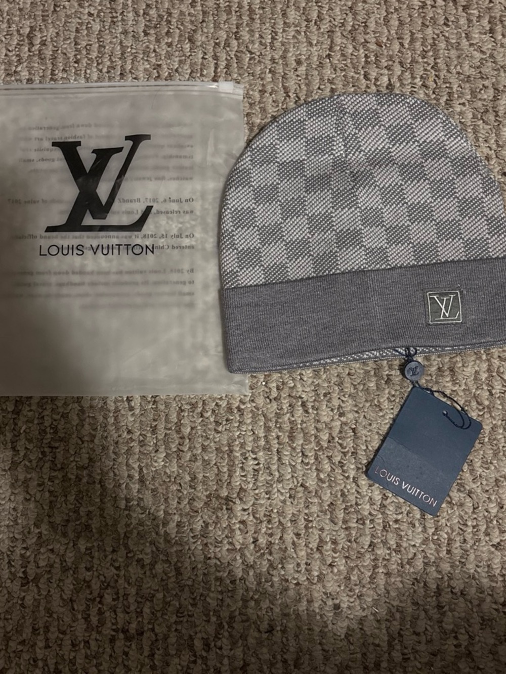 & Other Stories Grey Check Knit Beanie with Logo Patch